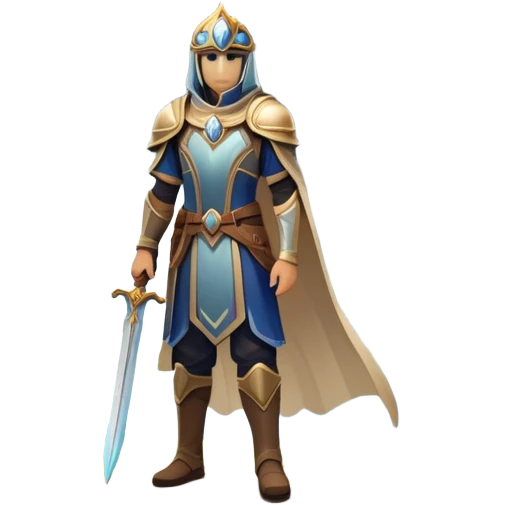 An icon featuring a hero with a closed visor, standing in a majestic, mystical landscape, inspired by RPGs like Elden Ring. The design includes a stunning, ethereal background with towering castles and distant mountains, symbolizing the adventure and mystery. Transparent background emoji