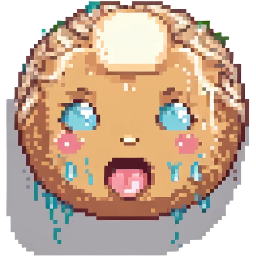 iOS-inspired moaning face emoji, pixel art style, blushing, milk dripping from forehead, simple background emoji