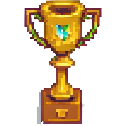 pixel art badge for winning first place with a gold trophy, pixelated style emoji
