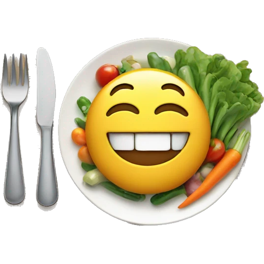 happy emoji eating a plate of food with vegetables emoji