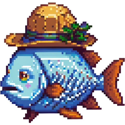 a fish wearing a hat, pixel art style emoji