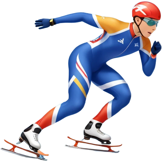 An icon showing a speed skater gliding on a professional oval ice track, captured in mid-motion with aerodynamic posture and sleek skates. The background features snowy mountains, flags, and a clear blue sky. Transparent background reflects the speed and elegance of the sport. emoji