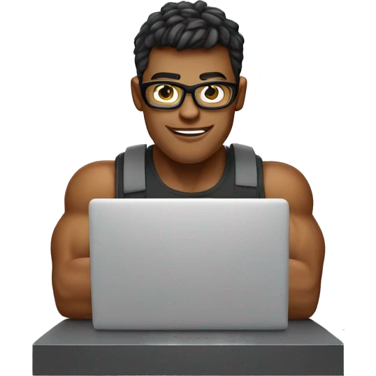 muscular nerd in front of laptop coding emoji