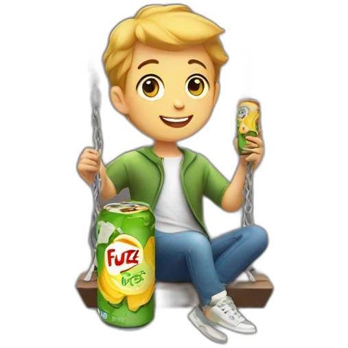 KID HOLDIN A CAN OF FUZE TEA WHILE SITTING ON A SWINGNG emoji