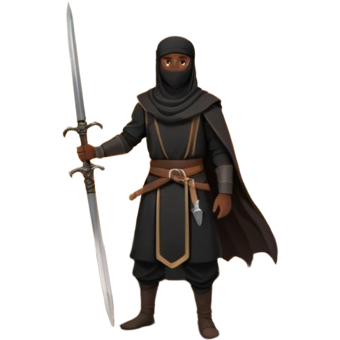 Emoji of a Muslim warrior silhouette standing on a hill at sunrise holding a lowered sword in calm control, crescent moon in the sky, symbolising locking in, discipline, and a new beginning through faith. Bold minimalist vector, transparent background. emoji