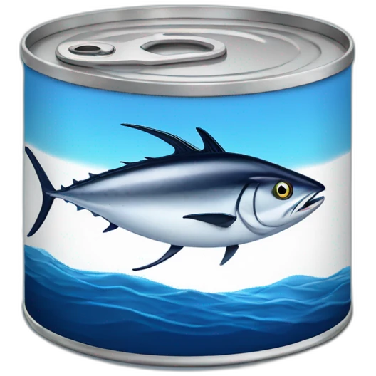 Realistic small can of tuna showing a blue sailling boat on a sea background emoji