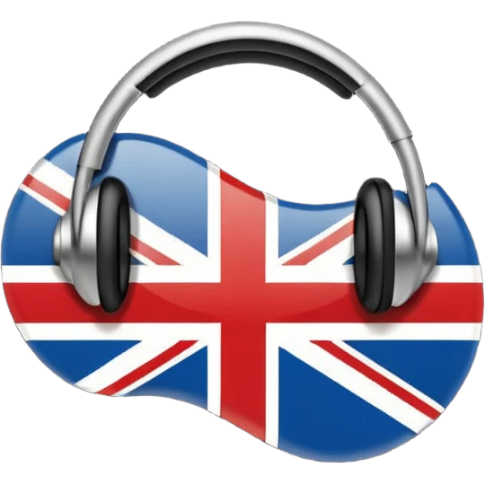 Minimalistic flat vector icon, iOS style, thin black contour on white background. Ear icon with sound waves and small UK/USA flag symbol. Clean, no text, no shadows emoji