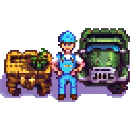 Twitch logo featuring a factory worker holding a wrench, with tractors and combine harvesters in the background, pixel art style emoji