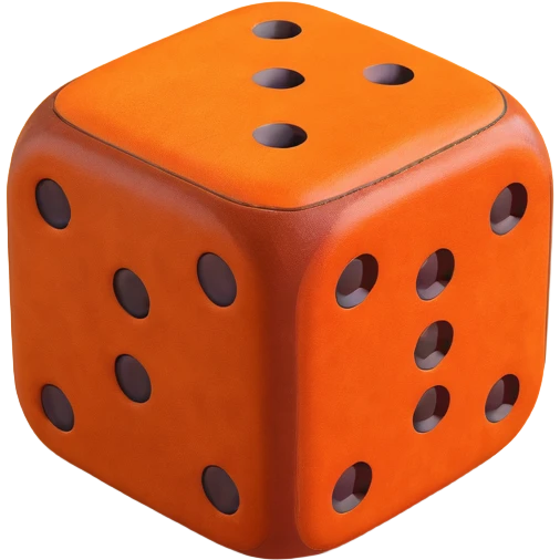 single dice, 3D, brown camel leather texture, orange velvet dots, premium style, no text emoji