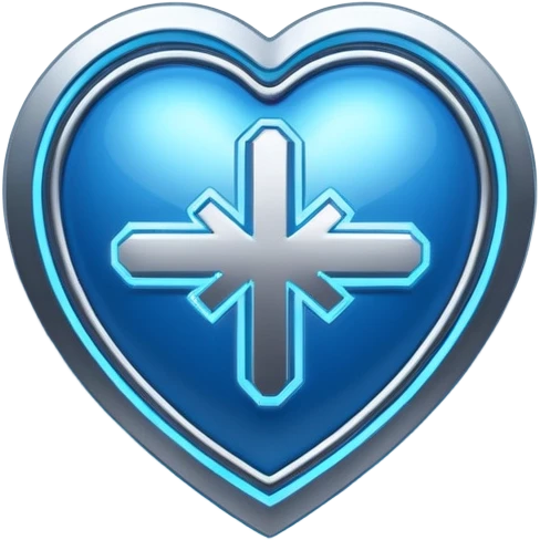 Futuristic premium medical AI logo emoji, sleek metallic heart or shield, ECG line forming stylized letters AI, neon blue and silver, 3D effect, glowing edges, minimal but bold, tech-savvy, high-tech healthcare branding, instantly recognizable, viral-ready, vector flat style with subtle shadows emoji