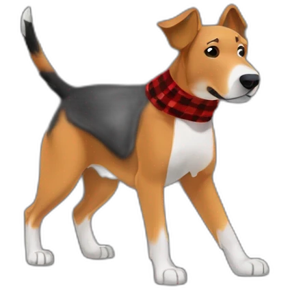 adult 75% Coonhound 25% German Shepherd mix dog with visible tail wearing small pointed red buffalo plaid bandana full body walking left quickly emoji