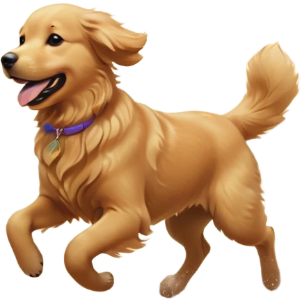 A Golden Retriever running on a beach at sunset, fur blowing in the wind, joyful expression. Motion capture, golden hour lighting, realistic water reflections. emoji
