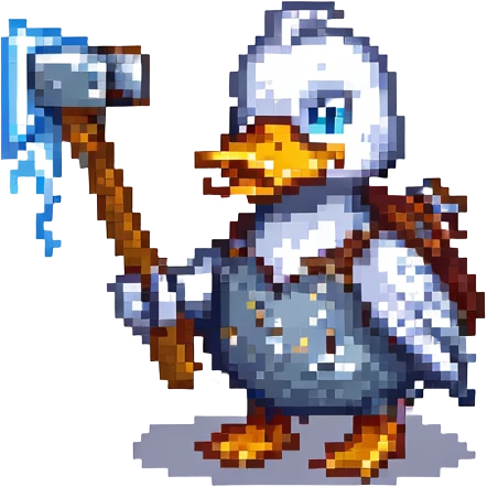 pixel art duck with Thor's hammer and a lightning rod, no armor, clean and classic look emoji