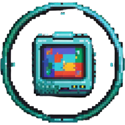 Simple colorful pixel art IT badge with basic computer icon, vibrant colors emoji