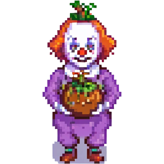 clown holding an eggplant, pixel art style emoji