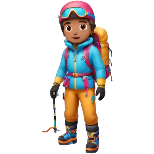 A 3D cartoon mountaineer standing on a snowy Everest-like summit with a flag, wearing colorful climbing gear, soft lighting, Memoji-style.negative : Flag emoji