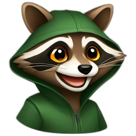 brown raccoon with orange eyes and a dark green hood that is laughing emoji