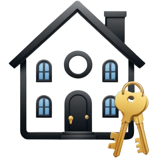Minimalistic flat vector icon, iOS style, thin black contour on white background. House with a key symbol. Clean, no text, no shadows.
 emoji
