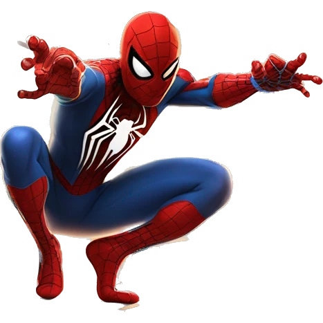 A heroic figure resembling Spider-Man, wearing a red and blue suit with a black web pattern, crouching on a building ledge with one hand extended, shooting a web. The background features a city skyline at sunset with glowing windows. emoji