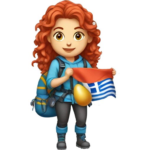 Female winter mountain climber red wavy hair climbing with Greek flag on backpack and holding Easter eggs basket emoji