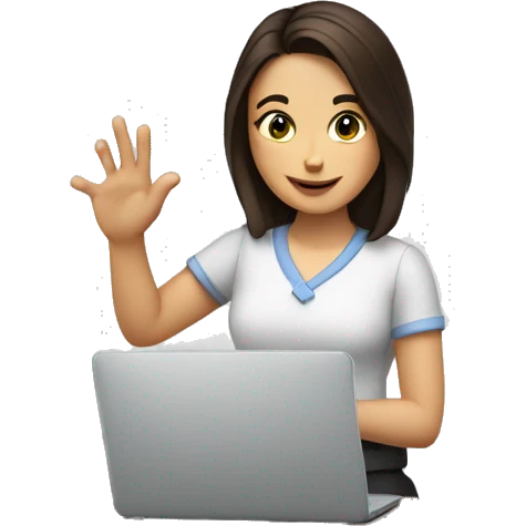 The girl is a brunette, in the hands of documents, she is at work at a laptop, makes a gesture with her hand ok emoji