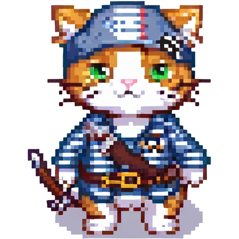 pirate cat, pixel art, striped shirt, small sword emoji