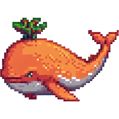 Magic whale, pixel art style, red and orange colors emoji