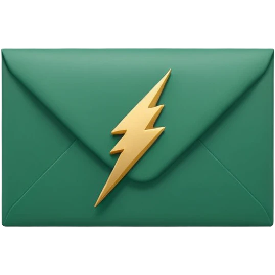 3D minimal envelope icon with small lightning bolt accent, matte finish, deep green (#0B3D2C), gold (#C9B037) lightning, Apple style, ultra minimal, soft shadow, transparent background emoji