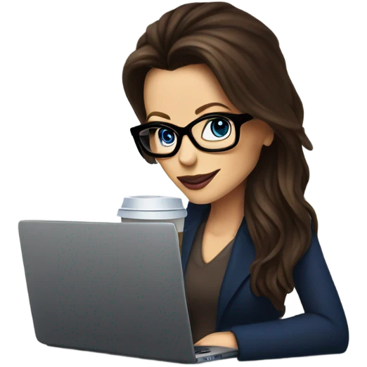 Hyper Realistic Kate Beckinsale dark blue eyes wearing glasses drinking coffee at a laptop  emoji