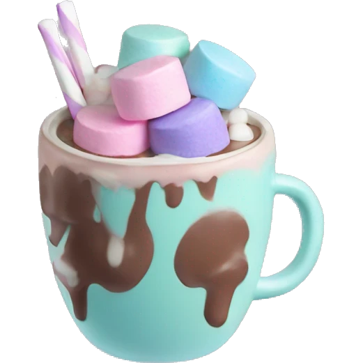 A hot chocolate with pink blue and mint  and pastel purple marshmallows  emoji