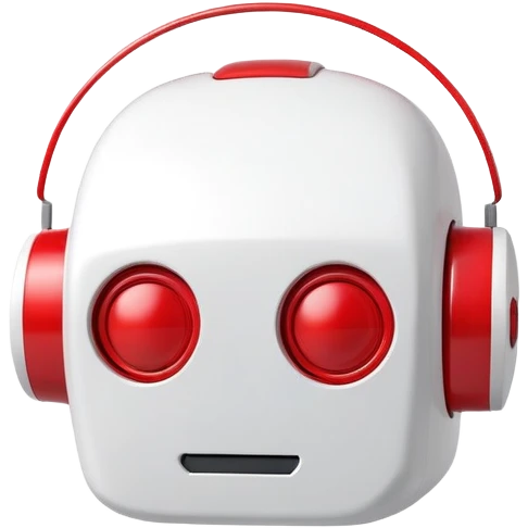 A minimalist 3D icon of a friendly robot head with a speech bubble, in red and white color scheme, clean design, soft shadows, YouTube-inspired style emoji