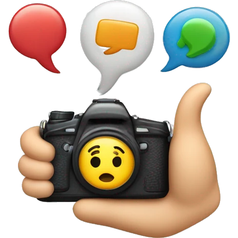 An emoji depicting challenge videos, featuring a camera and two hands giving a thumbs up, with colorful question marks and exclamation points around, symbolizing fun, excitement, and various challenges emoji