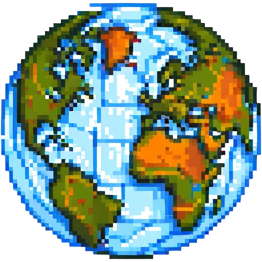 3D pixel art globe icon, isometric view, detailed shading emoji