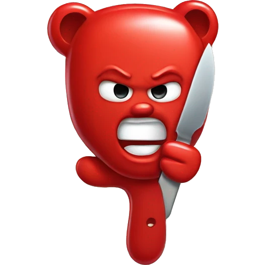 A angry red gummy bear holding a plastic knife emoji