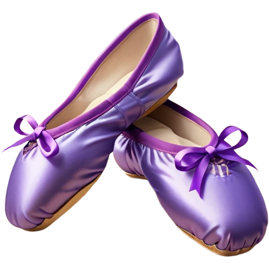 cinematic-realistic-ballet-shoes,-soft-satin-purple-pointe-shoes-with-delicate-ribbons,-resting-gently-on-a-polished-wooden-floor,-subtle-creases-in-the-fabric,-glowing-under-the-warm-golden-light-of-a-rehearsal-studio,-evoking-ele emoji