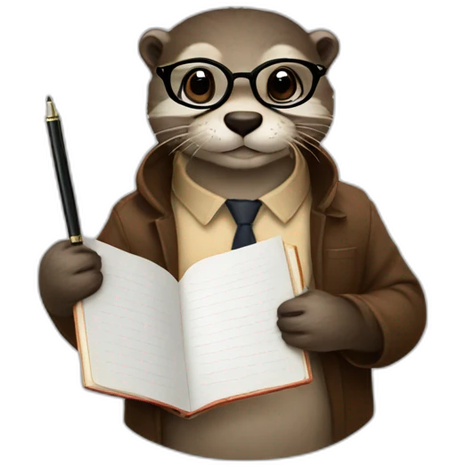 Otter with round glasses holding a couple journals and a pen emoji