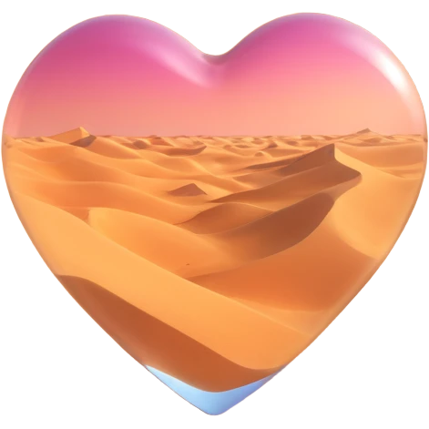 3D emoji style glass heart, interior shows empty desert sand dunes, no vegetation, ultra-realistic glass texture emoji