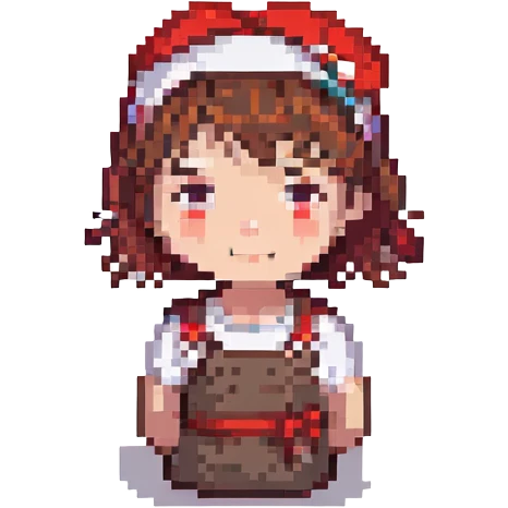girl with short brown hair and a red headband, pixel art style emoji