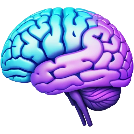 brain with neon glow effect, blue neon glow on top left, purple neon glow on bottom right emoji