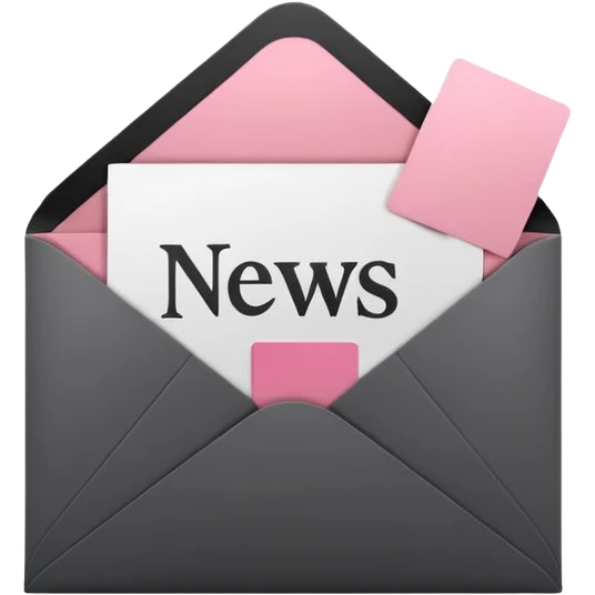 A minimalist 3D icon of an open envelope with a card inside that says 'NEWS', flat design style, colors: deep charcoal black (#000000) and soft accent pink (#f9a8d4), clean lines, high contrast, isolated on a black background, high resolution. emoji