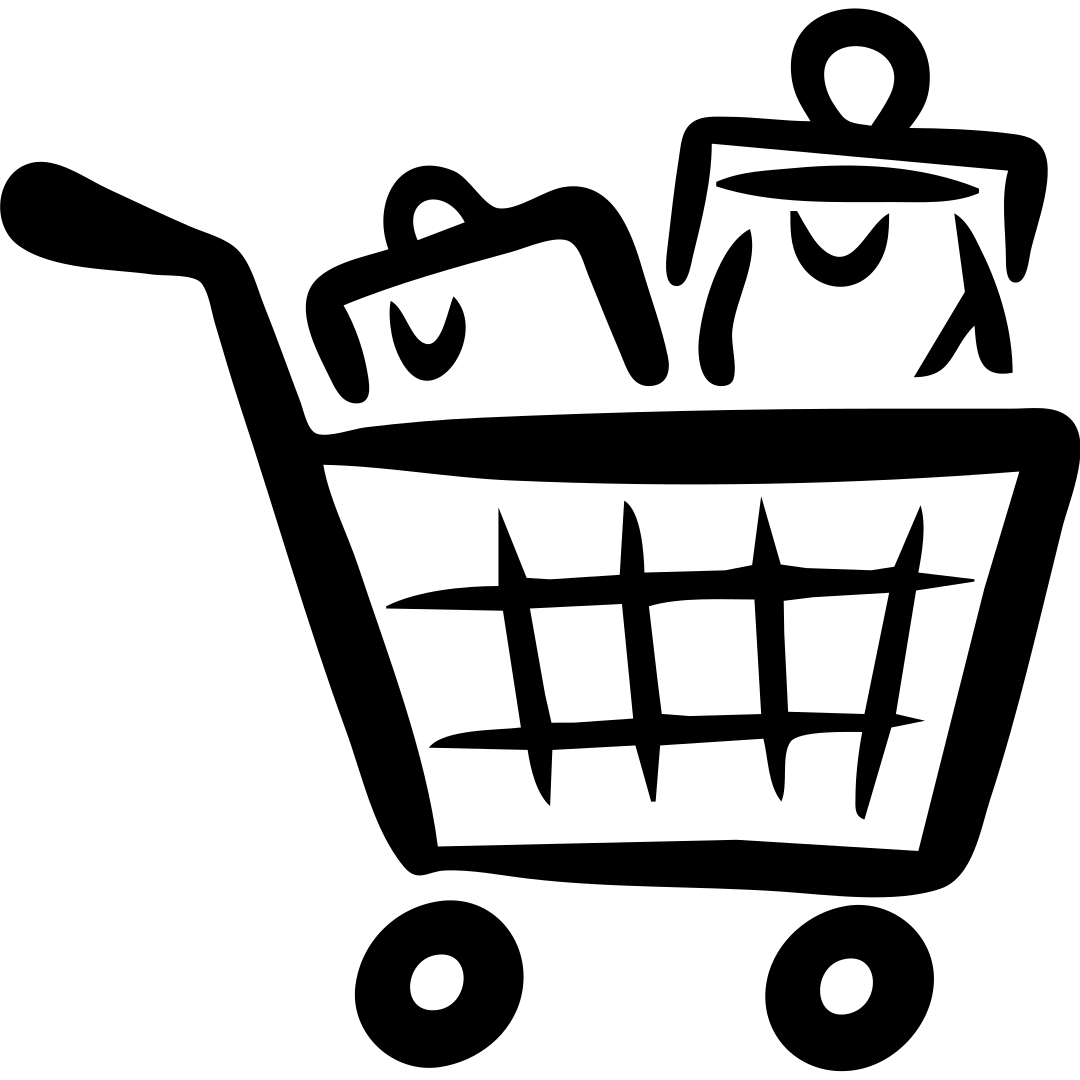 A hand-drawn shopping cart icon with items inside emoji