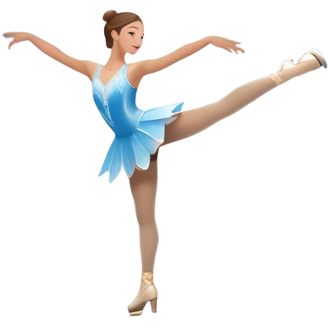 An icon showing a graceful figure skater performing a spin on the ice in a grand ice palace. The rink is illuminated by soft light beams, with cheering spectators in the stands. Snowflakes gently fall, adding to the magical atmosphere. Transparent background highlights elegance and artistry. emoji