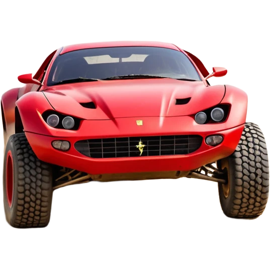 Satan’s evil Ferrari-colored Dirty and dented Local Motors Rally Fighter off road race car hot rod trophy truck-style basher flying on a dusty road (silver wheels) emoji