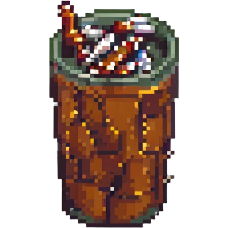 Add a few cigarette butts on the table next to the pint glass in pixel art style. Keep the background transparent. emoji