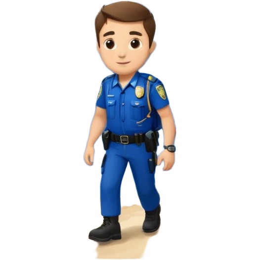 Adventurous man hiking with a police badge with mountains in the background. The French flag is on a tree emoji