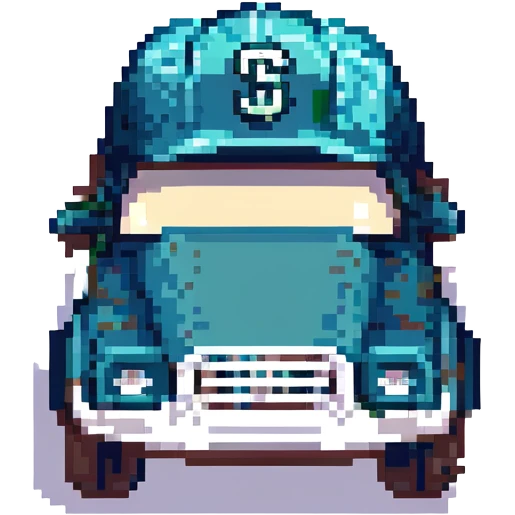 cute dump truck in navy blue and teal green, wearing a Mariners baseball cap, pixel art style emoji
