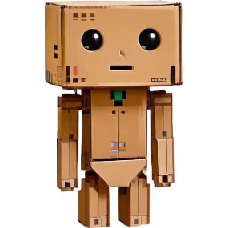 small cardboard robot named Danbo standing alone in a softly lit room, square head with two round black eyes and a small rectangular mouth, folded cardboard body, jointed arms and legs, warm wooden floor, soft shadows, cartoonish, clean lines, pastel colors, cozy and nostalgic atmosphere emoji