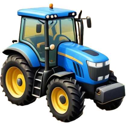 An icon representing a farming simulator, with a detailed tractor plowing fields under a bright sky with rural landscape. The design includes farming tools, crops and barns, symbolizing the immersive experience of managing a farm. Transparent background. emoji