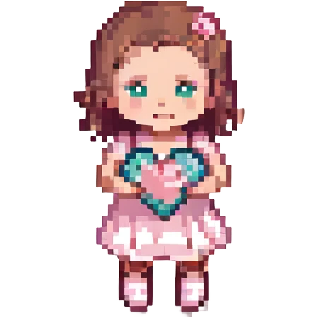 A baby girl holds a heart emoji