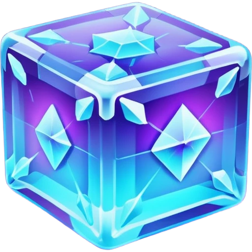 glowing ice crystal cube, icy neon cyan highlights, purple neon accents. emoji